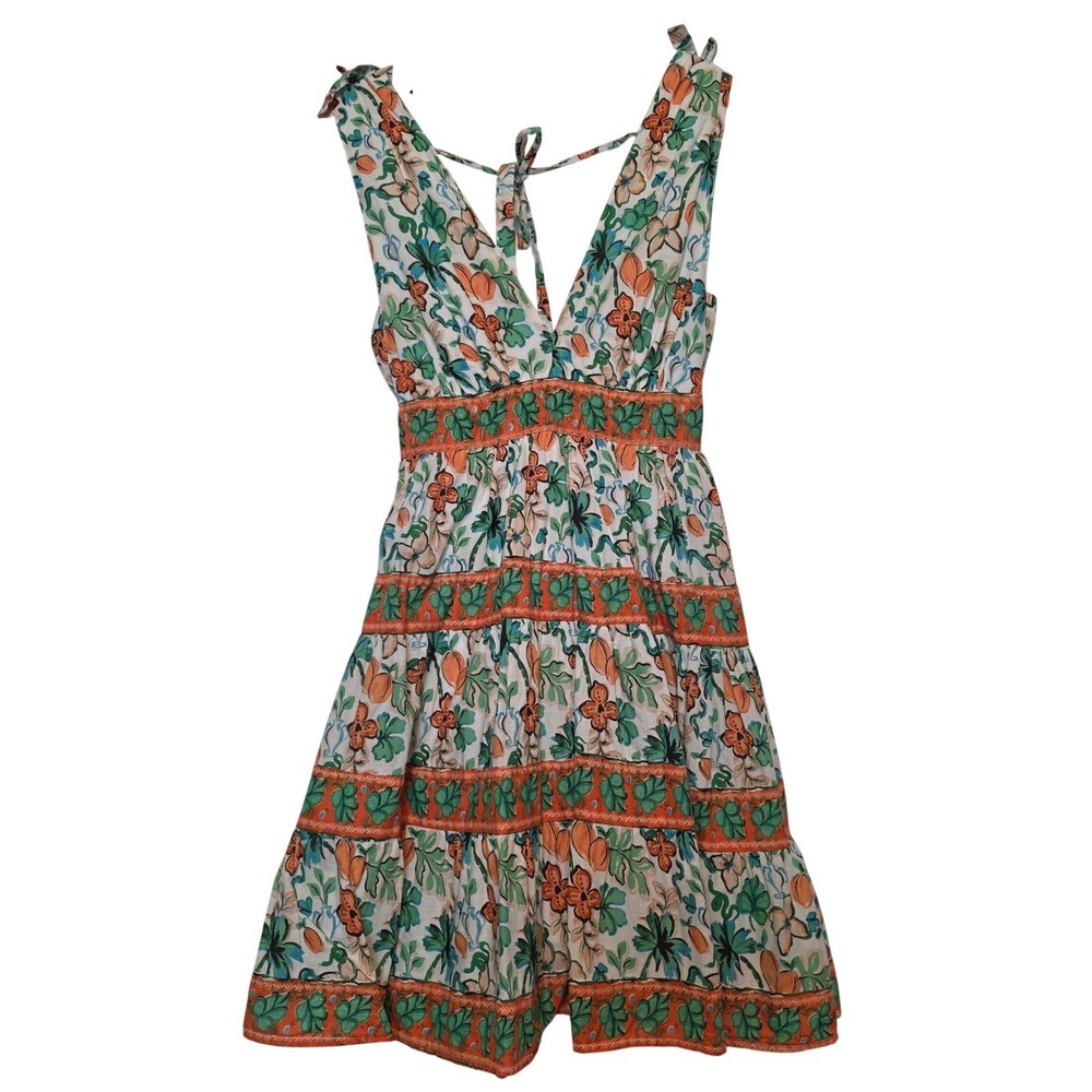 Japna Floral Fruit Tiered Mini Dress Orange Green White Size Small